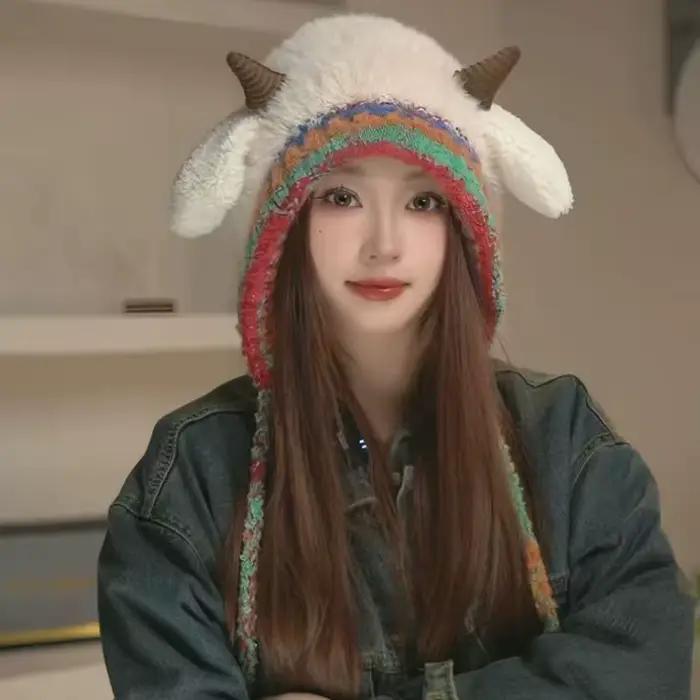 Chapeau coréen en peluche mignon pour homme et femme couvre-oreilles tricoté chaud résistant au froid et assorti avec tout pour l'automne et l'hiver
