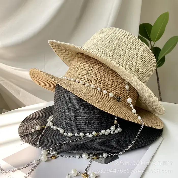 Chapeau de bateau en paille avec chaîne de perles pour femmes