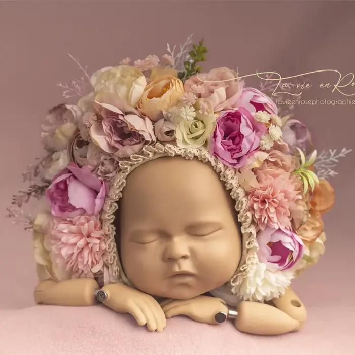 Bonnet Floral Vintage pour nouveau-né fille chapeau tricoté motif fleuri en polyester et laine pour photo et sortie