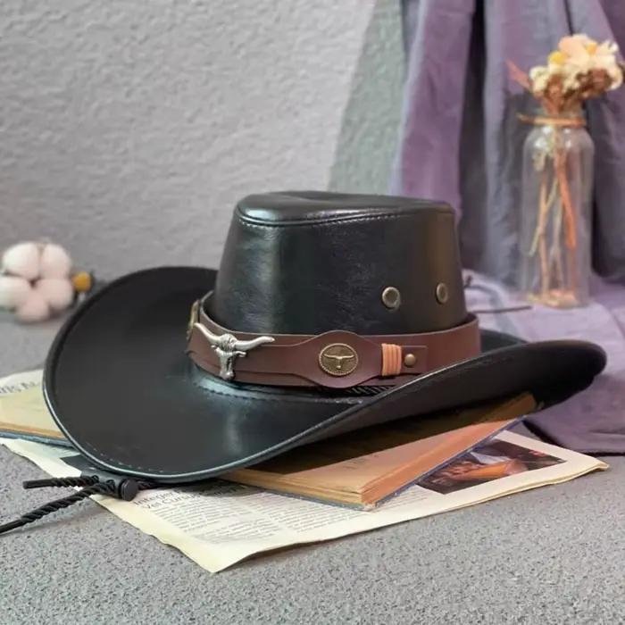 Chapeau de cowboy western en cuir PU avec cordon de serrage