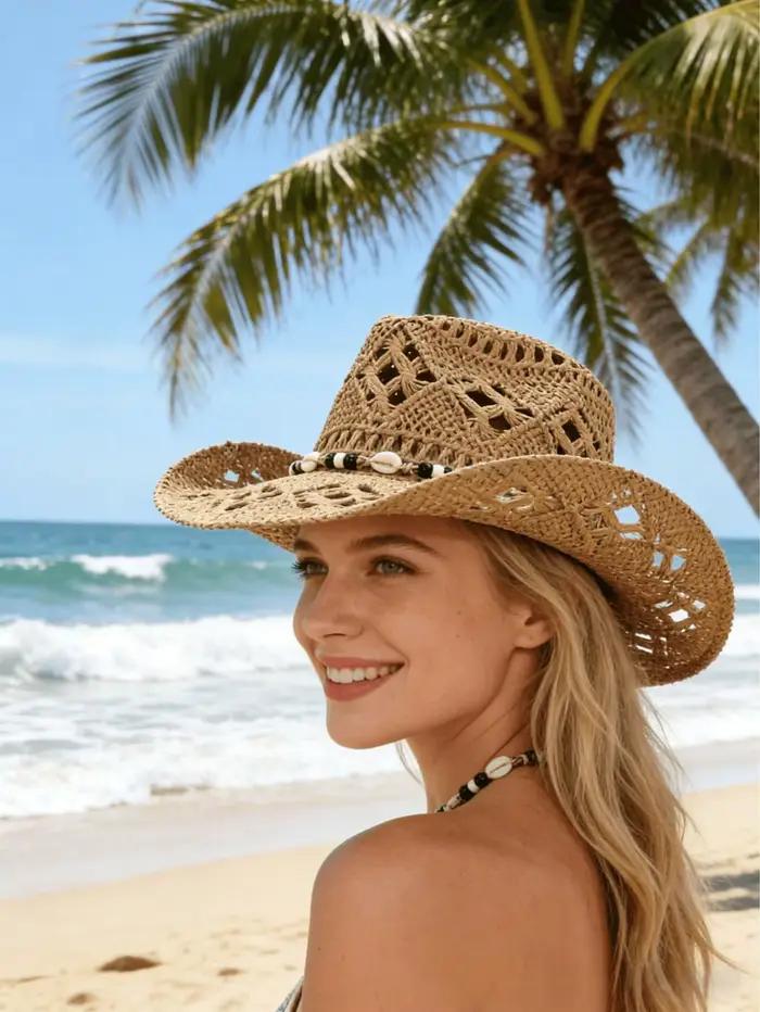 1 chapeau de soleil en paille ajouré style bohème