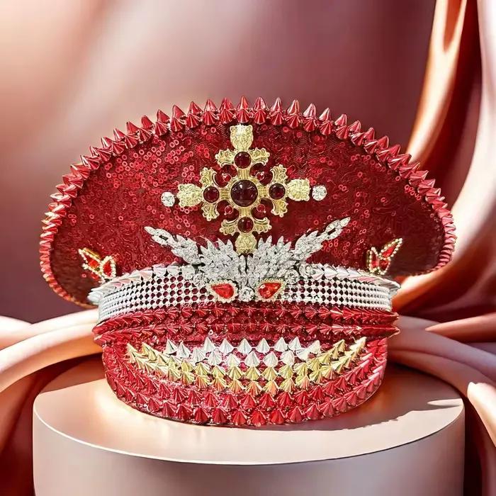 Chapeau de capitaine Steampunk rouge avec strass pour femme du festival Burningman