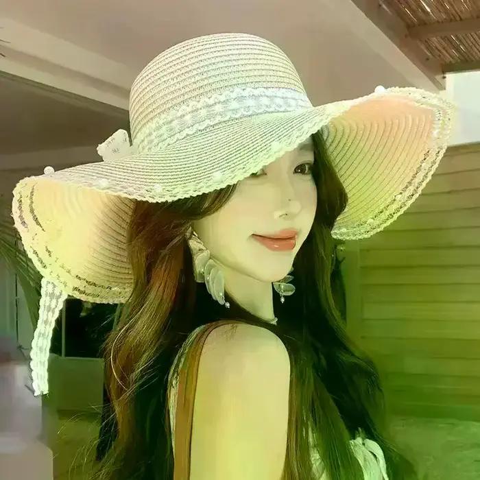 Chapeau de paille oversize à grand bord avec nœud décoratif pour femme
