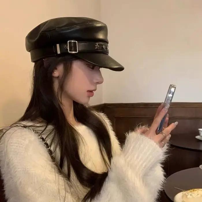 Béret en cuir Pu étoile rétro octogonale casquette de journaliste artiste capitaine peintre pour filles occasions spéciales