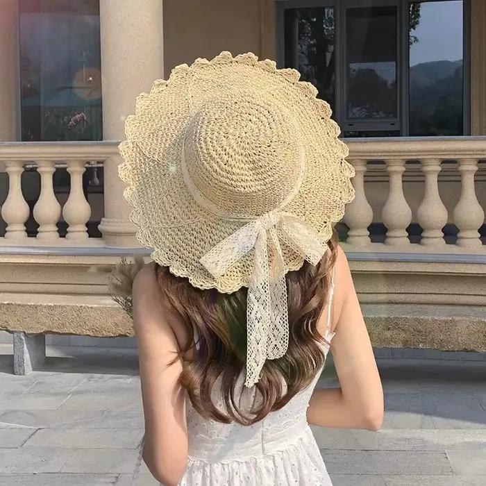 Chapeaux de paille évidés avec nœud en dentelle pour femmes