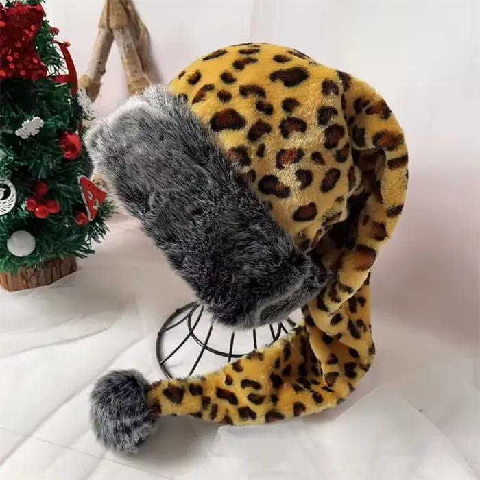 Chapeau de Noël en peluche imprimé léopard noir et marron pour adultes et enfants décoration de fêtes de fin d'année atmosphère festive