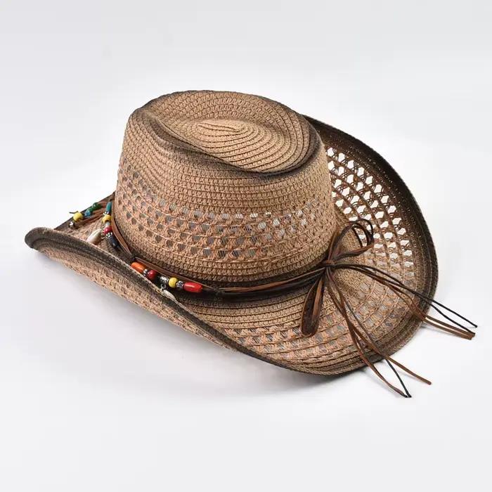 Chapeau de cowboy en paille style bohème protection solaire ajouré plage été pour femmes et hommes occassions estivales
