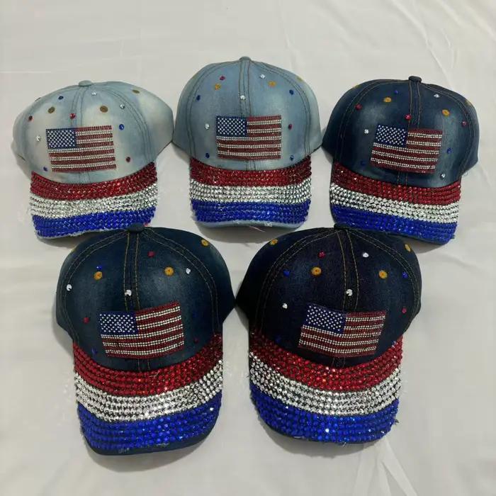 Casquette de Baseball en Denim avec drapeau en strass pour femmes