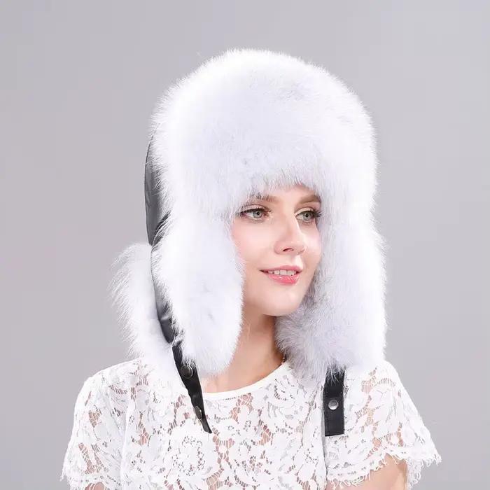 Chapeau de fourrure de renard véritable russe ushanka trapper bonnet avec haut en cuir pour femmes hiver automne occassions spéciales
