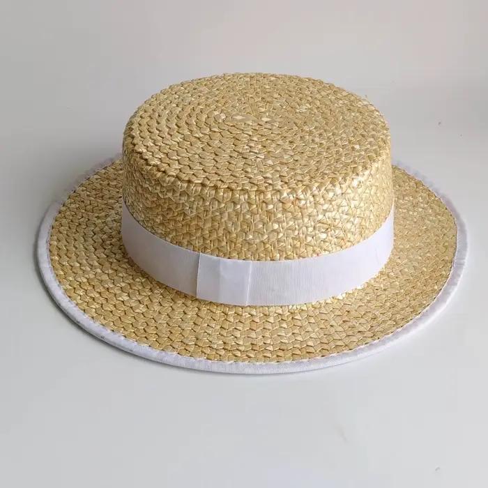 Chapeau de paille à dessus plat pour femme avec bordure