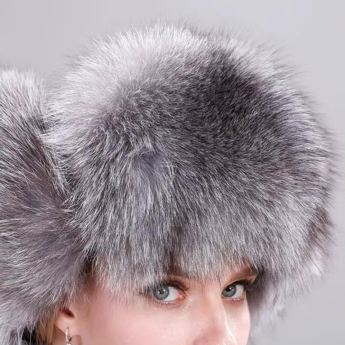 Chapeau de fourrure de renard véritable russe ushanka trapper bonnet avec haut en cuir pour femmes hiver automne occassions spéciales