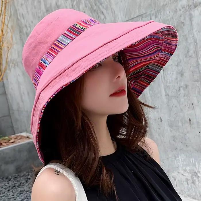 Chapeau de plage rétro en coton pour femmes protection solaire bord de mer style ethnique polyvalent四季风格复古棉质女士防晒海滩帽多用途