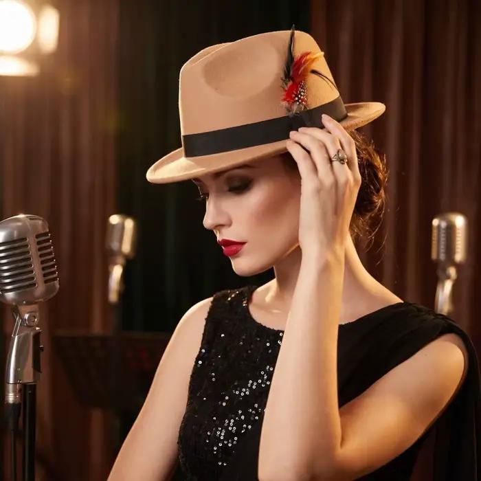 Chapeau Fedora Rétro avec Plumes Décoratives
