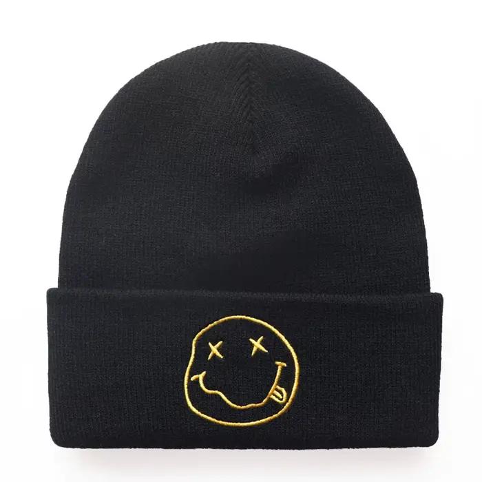 Chapeau tricoté brodé souriant pour hommes et femmes