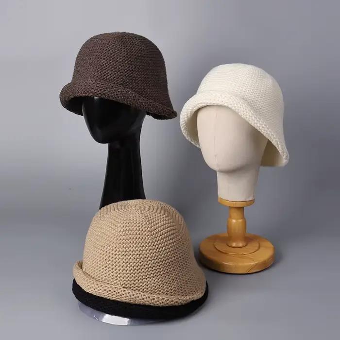 Chapeau seau tricoté en laine à bord roulé de Style japonais pour femmes