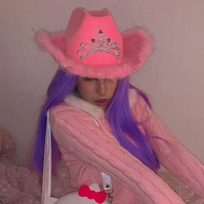 Chapeau de Cowboy occidental en plumes roses pour femmes