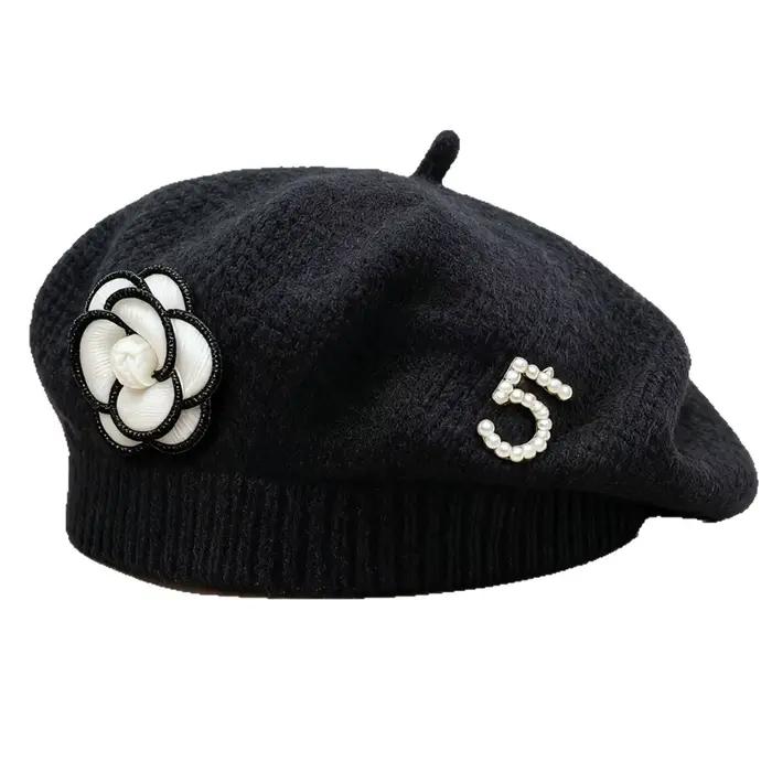 Béret tricoté élégant rétro français femme fleur perle hiver automne romantique chapeau haut-de-forme occassionnels sorties événements
