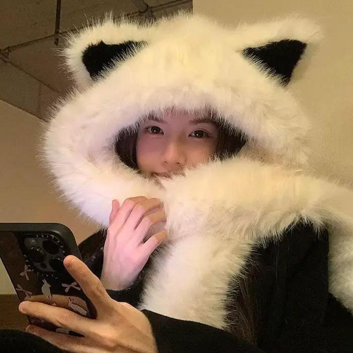 Mignon renard oreille moelleux chapeau écharpe chaud épais en peluche à capuche