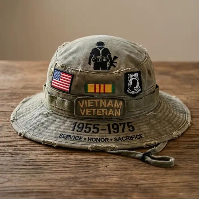 Chapeau de pêcheur Swokii brodé patriotique pour hommes vétérans du Vietnam ajustement sangle réglable vintage robuste four seasonsextérieur