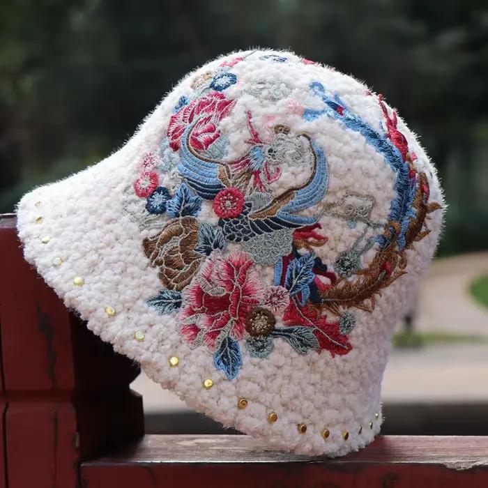 Sherpa coupe-vent chapeaux hiver garder au chaud épais Style ethnique brodé Floral chapeau de soleil de luxe touristique plage pêcheur seau casquettes