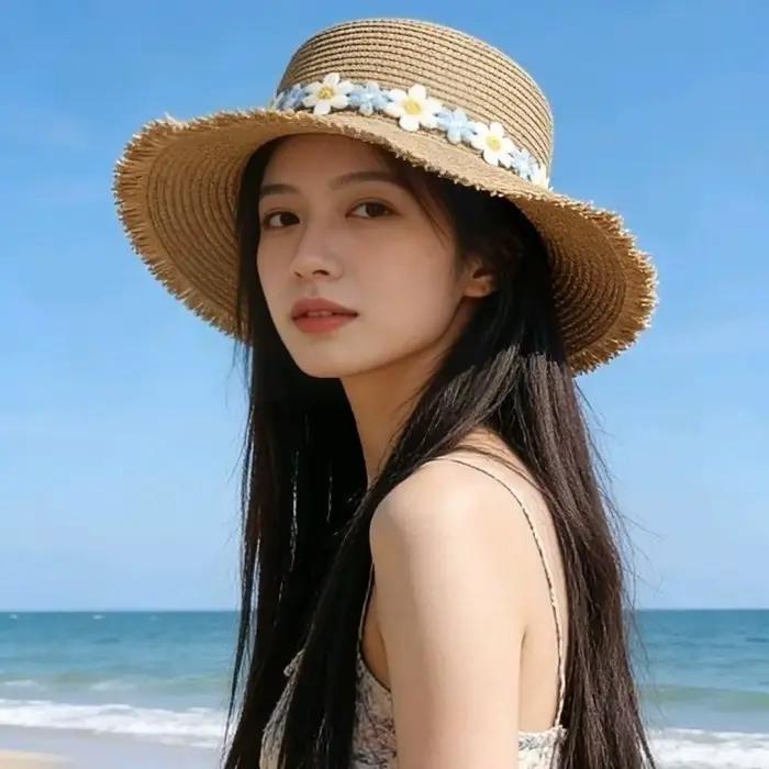 Chapeau de paille élégant à large bord avec fleur