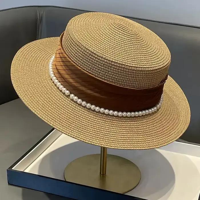 Chapeaux de soleil plats avec chaîne de perles pour femmes