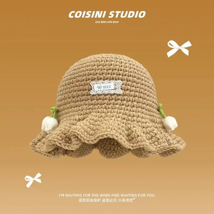 Ins doux tulipe autocollant à volants bord tricoté seau chapeaux femmes automne hiver voyage mode chaud polyvalent pull décontracté casquette
