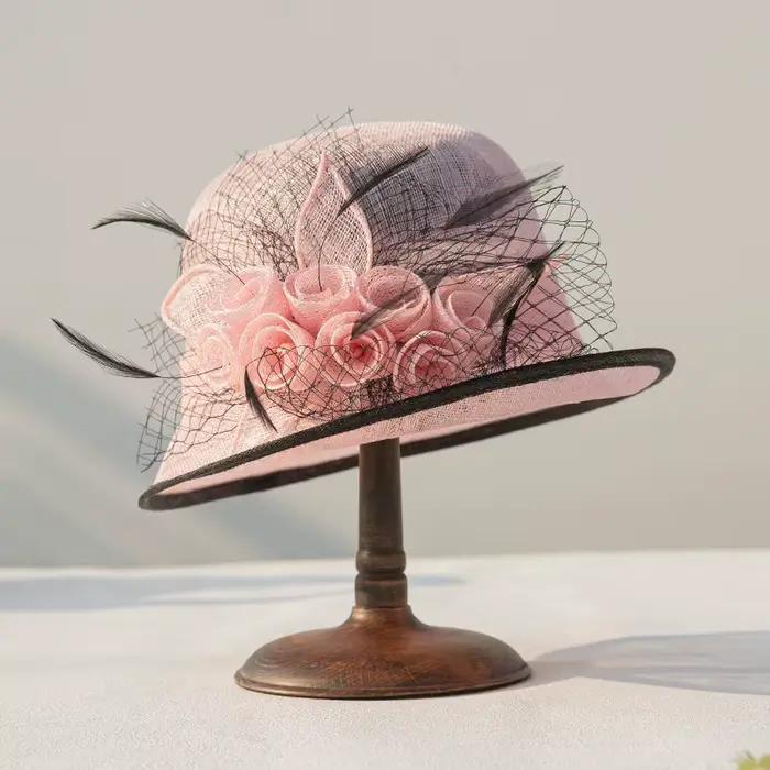 Chapeau de cérémonie élégant en gaze de lin pour femmes, style philippin, motif floral, idéal pour les banquets et cérémonies春夏秋冬季均适用的女士菲律宾风格精致宴会仪式礼帽，亚麻纱材质，花卉图案，适合宴会和典礼场合