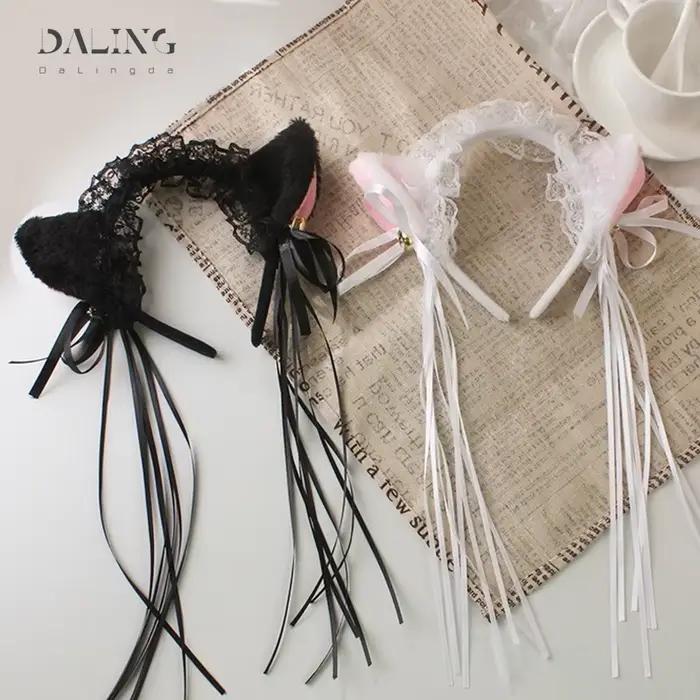Femmes volants Sexy dentelle bandeau en peluche oreilles de chat ruban cloche Lolita Anime Cosplay cerceau de cheveux