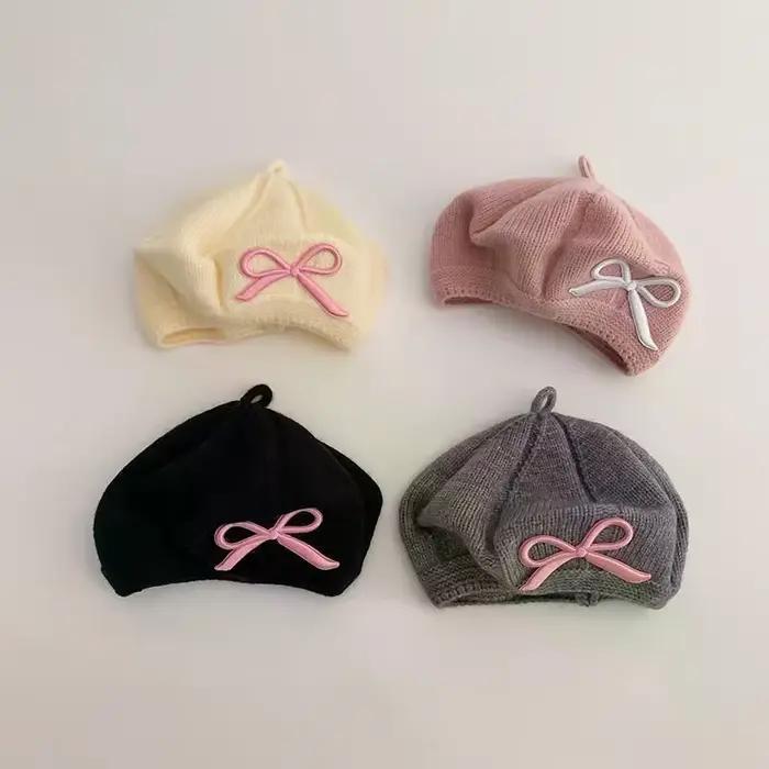 Béret pour filles, chapeau tricoté en laine avec nœud brodé