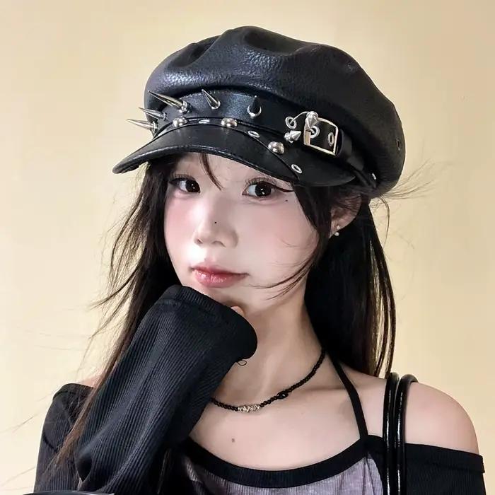 Casquette militaire gothique punk en similicuir style cadet rétro pour cosplay soirées rock et tenues décontractées pour hommes et femmes