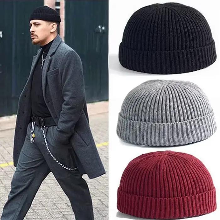 Unisexe chaud tricoté sans bords chapeau hommes femmes bonnets hiver automne Hip Hop Skullcap rue Beanie Ski pêcheur couleur unie casquette