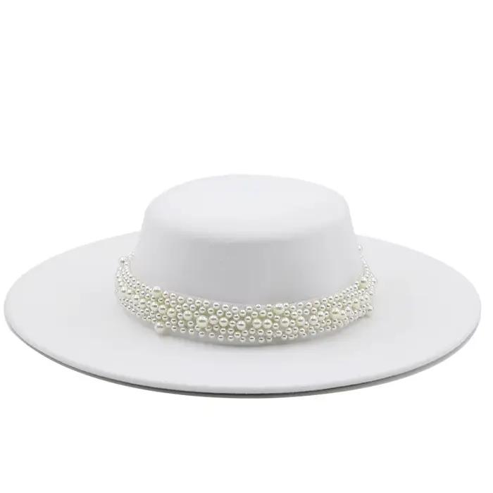 Chapeau Fedora blanc perlé de style socialite française pour femme