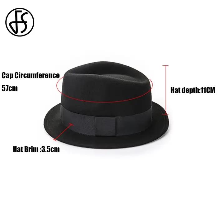 FS Vintage noir chapeaux hommes unisexe église Jazz chapeau messieurs laine feutre Fedoras ruban Trilby Panama Gangsters casquette hiver