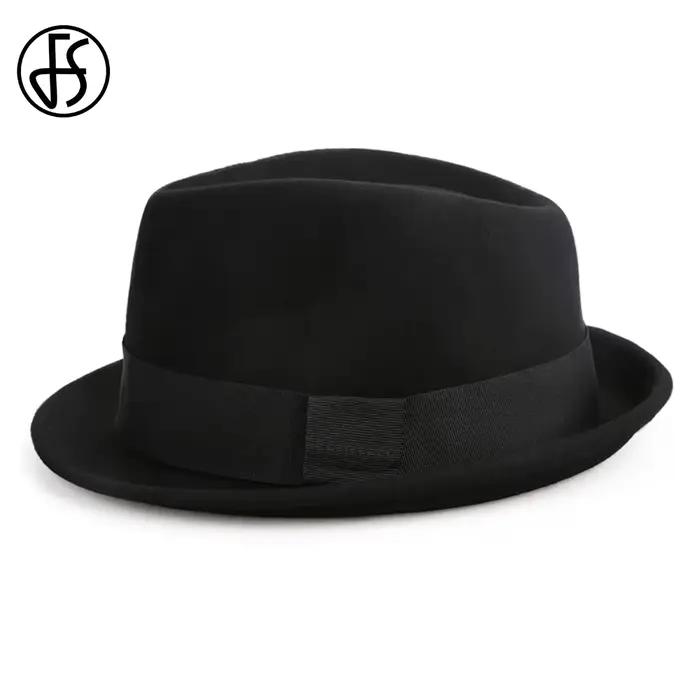 FS Vintage noir chapeaux hommes unisexe église Jazz chapeau messieurs laine feutre Fedoras ruban Trilby Panama Gangsters casquette hiver