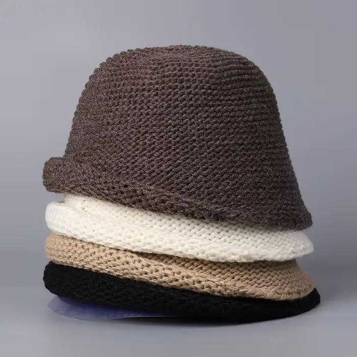 Chapeau seau tricoté en laine à bord roulé de Style japonais pour femmes