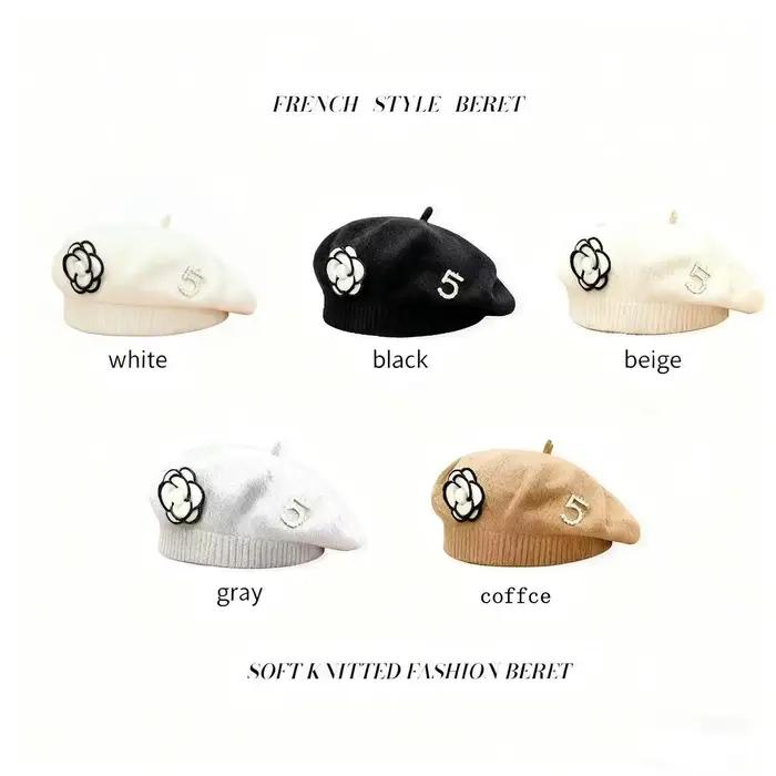 Béret tricoté élégant rétro français femme fleur perle hiver automne romantique chapeau haut-de-forme occassionnels sorties événements