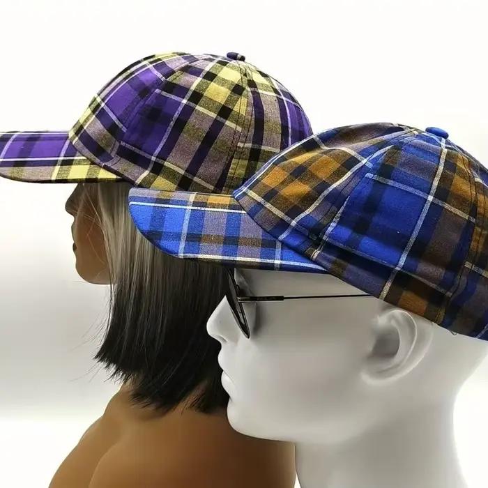 Chapeau décontracté pour femme printemps été à carreaux tendance protection solaire en coton polyester calotte ronde bord flexible occasionnels décontractés