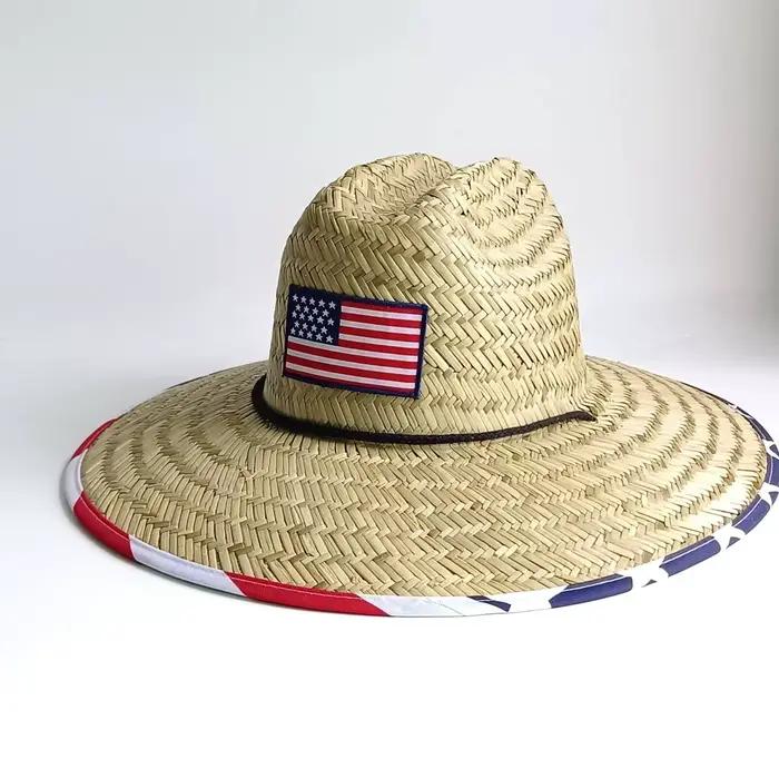 Chapeau de soleil en paille à large bord avec drapeau américain chapeau de sauveteur patriotique pour femmes été plage pêche activités extérieures