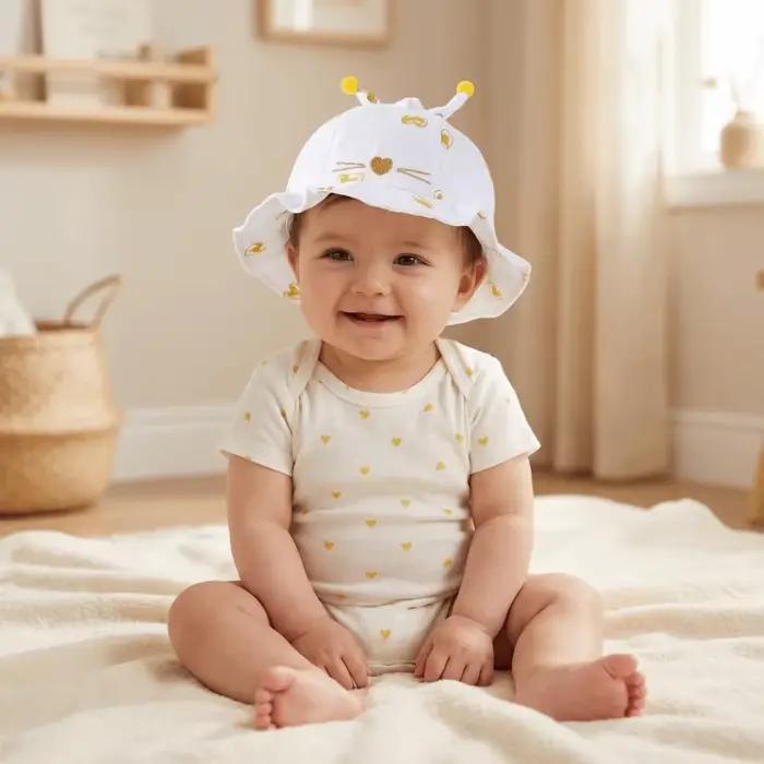 Chapeau de soleil pour bébé imprimé cœurs plissé avec nœud large bord protection solaire style pêcheur pour garçon occasions spéciales extérieures