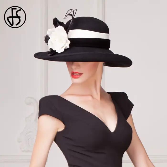 Grand chapeau noir en feutre de laine élastique pour femmes