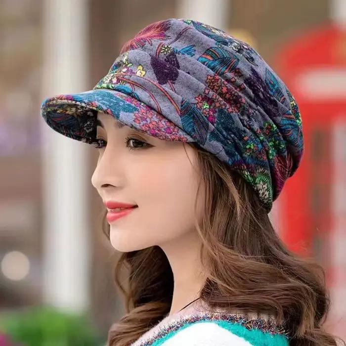 Casquette à visière pour femmes, style ethnique imprimé floral, matériau acrylique ressemblant au cachemire, pour hiver et occasions décontractées