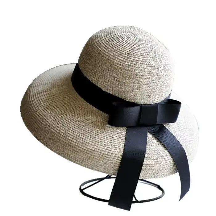 Chapeau de paille vintage français noir à ruban pour femme