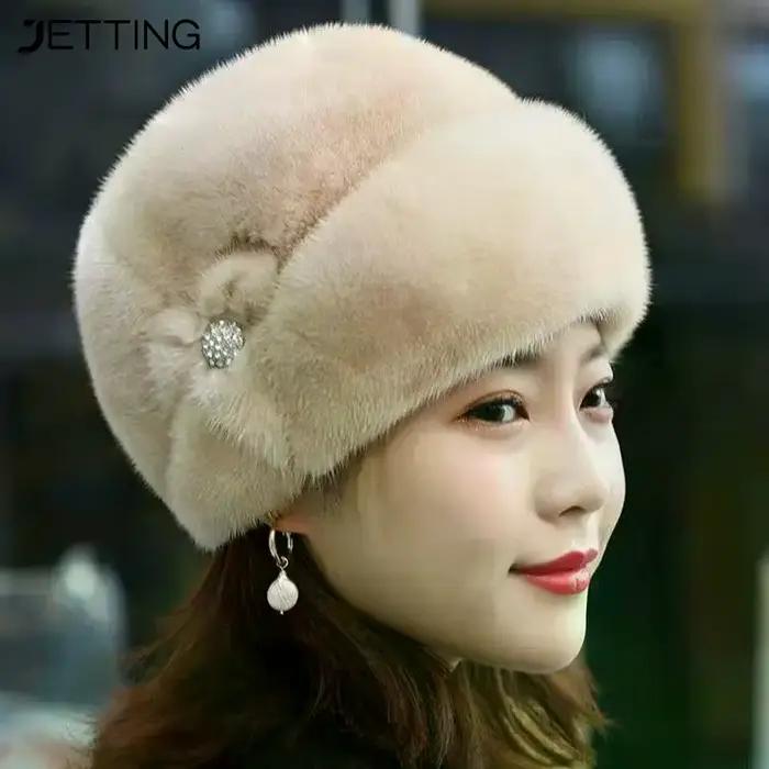 Femme fausse fourrure chapeau d'hiver épaissi garder au chaud casquette d'âge moyen fleur décor seau chapeaux