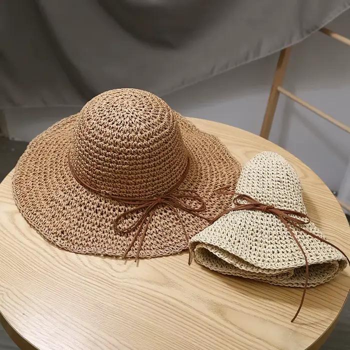 Chapeau de plage d'été en paille et tissu pour femmes – Casquette solaire à large bord avec protection UV pour les aventures extérieures et côtières