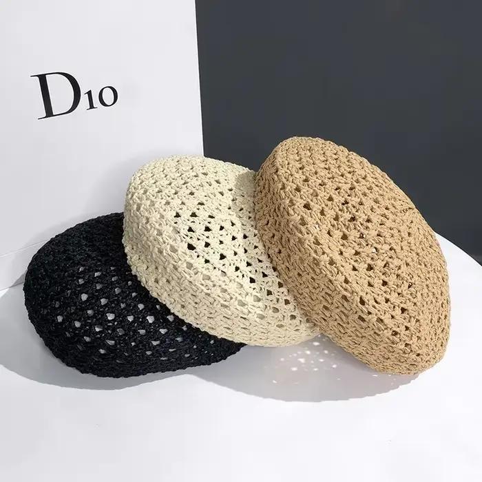 Béret en crochet fait à la main pour femmes, couleur unie, tissage floral doux, protection solaire, style avant-toit, multifonctionnel, décontracté, occassions extérieures