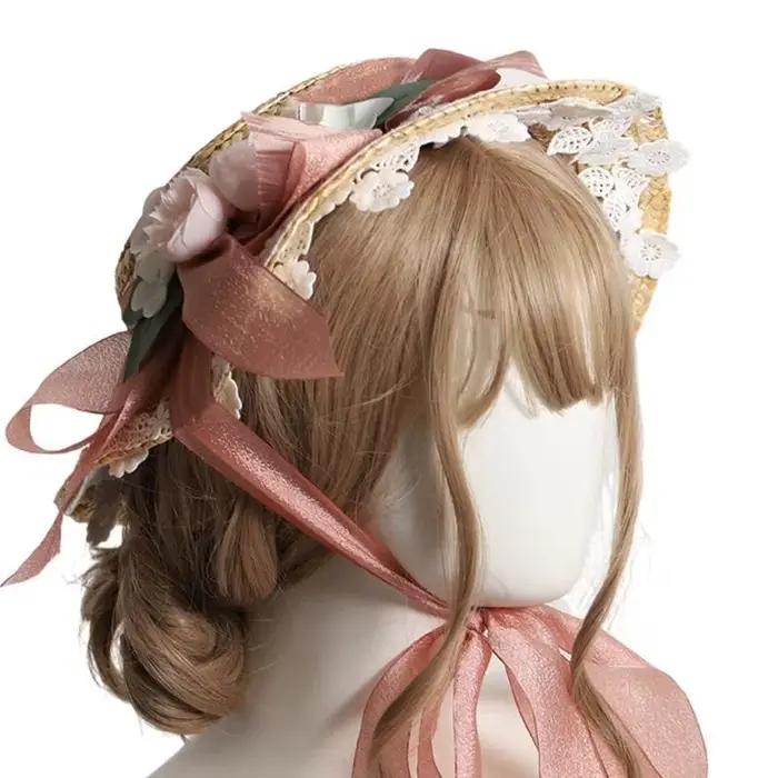 39BD – Bonnet plat léger en paille à fleurs pour filles