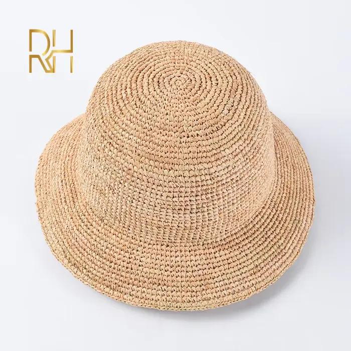 Chapeau seau en paille de raphia naturel au Crochet pour femmes