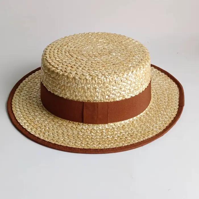 Chapeau de paille à dessus plat pour femme avec bordure