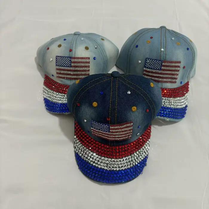 Casquette de Baseball en Denim avec drapeau en strass pour femmes
